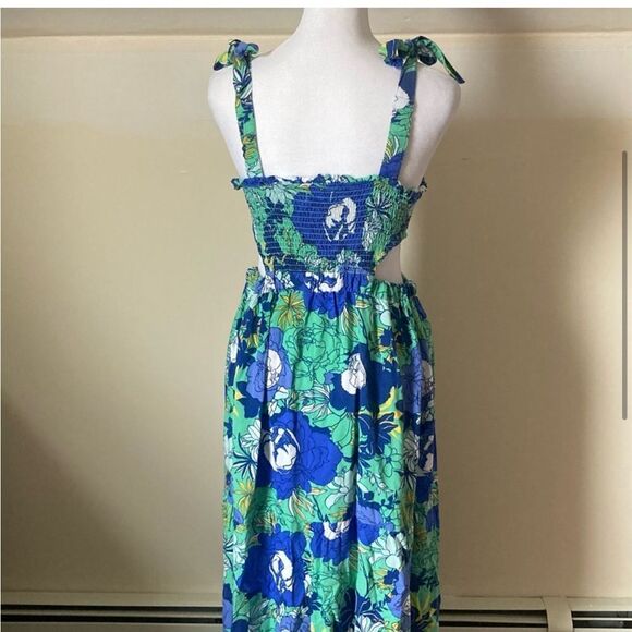 JAPNA BLUE GREEN FLORAL CUTOUT SMOCKED TIERED MAXI DRESS SIZE LARGE - Picture 10 of 10